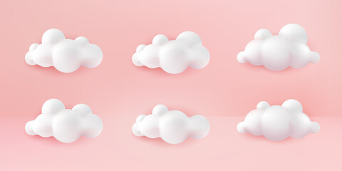 White 3d clouds set isolated on a pink pastel background. Render soft round cartoon fluffy clouds icon in the pink pastel sky. 3d geometric shapes vector illustration
