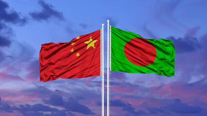 China and Bangladesh two flags on flagpoles and blue cloudy sky