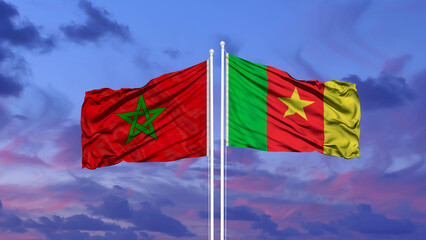 Morocco and Cameroon flag waving in the wind against white cloudy blue sky together. Diplomacy concept, international relations.