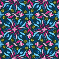 Multicolored floral endless patterns on a dark background, seamless stylized plants.