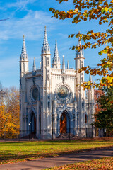 Gothic chapel in Alexandria park in autumn, Saint Petersburg, Russia - obrazy, fototapety, plakaty