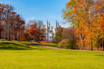 Gothic chapel in Alexandria park in autumn, Saint Petersburg, Russia - obrazy, fototapety, plakaty
