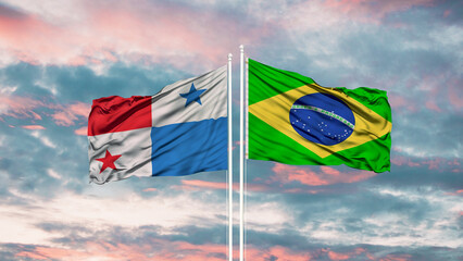 Brazil and Panama two flags on flagpoles and blue cloudy sky