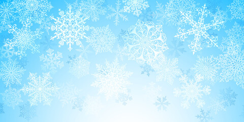 Illustration of big white complex Christmas snowflakes on light blue background
