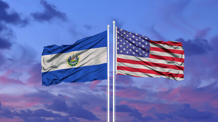 Waving American flag and flag of El Salvador. - obrazy, fototapety, plakaty