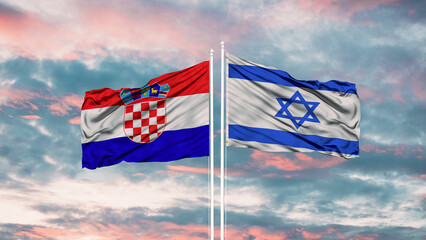 Israel and Croatia two flags on flagpoles and blue cloudy sky