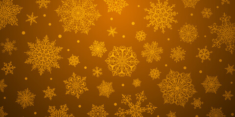 Christmas background of big and small complex snowflakes in golden colors