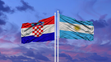 Argentina and Croatia two flags on flagpoles and blue sky