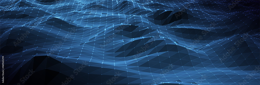 Poster abstract blue background. dark low poly triangle pattern. virtual computer landscape. technology sty