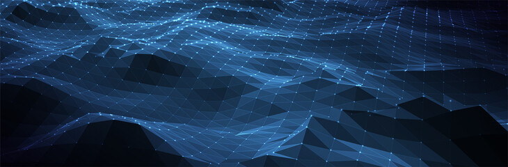 Abstract Blue Background. Dark low poly triangle pattern. Virtual computer Landscape. Technology style. Sci-fi surface. Banner or presentation template. Vector illustration - obrazy, fototapety, plakaty