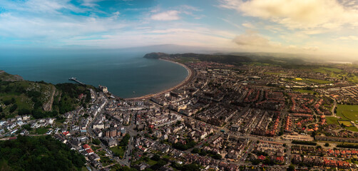 Beautiful Summer Day in Llandudno From above Aerial view of Sea Front in North Wales, United Kingdom