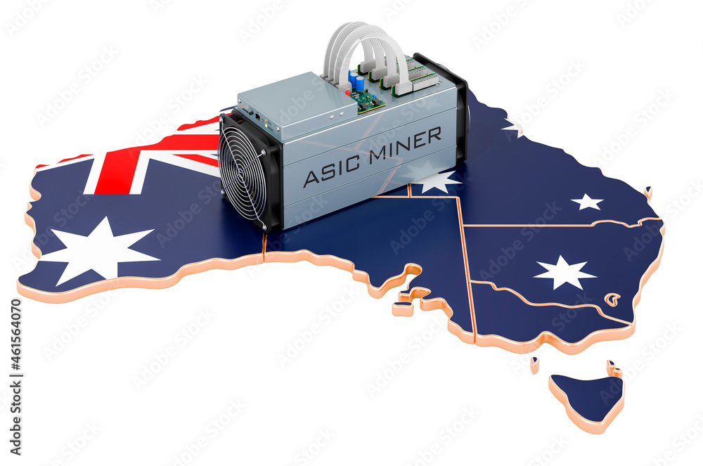 Poster mining in australia, concept. asic miner with australian map. 3d rendering