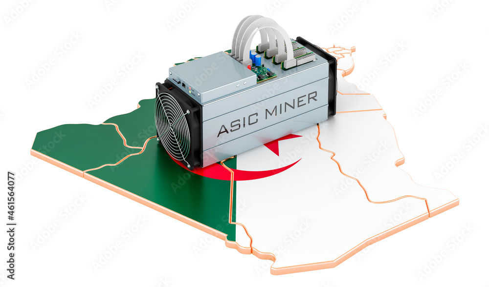 Poster mining in algeria, concept. asic miner with algerian map. 3d rendering