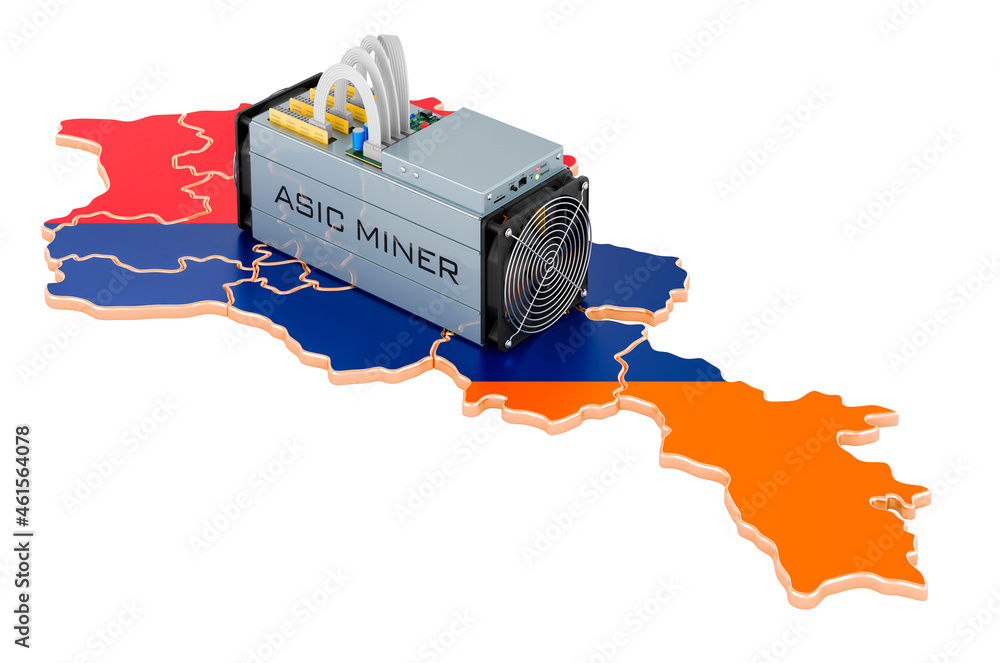 Poster mining in armenia, concept. asic miner with armenian map. 3d rendering