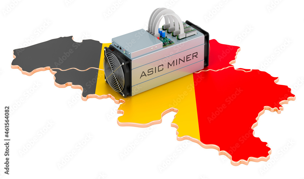 Poster mining in belgium, concept. asic miner with belgian map. 3d rendering