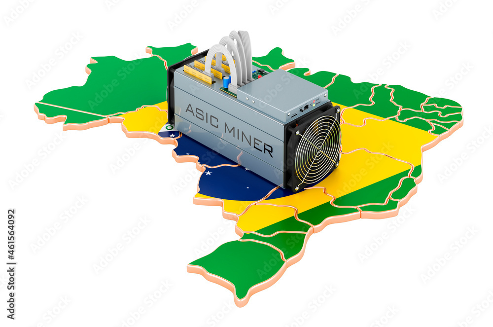 Poster mining in brazil, concept. asic miner with brazilian map. 3d rendering