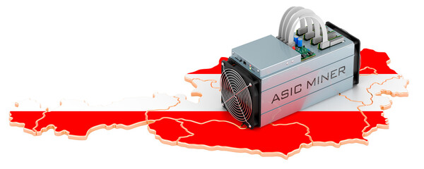 Mining in Austria, concept. ASIC miner with Austrian map. 3D rendering