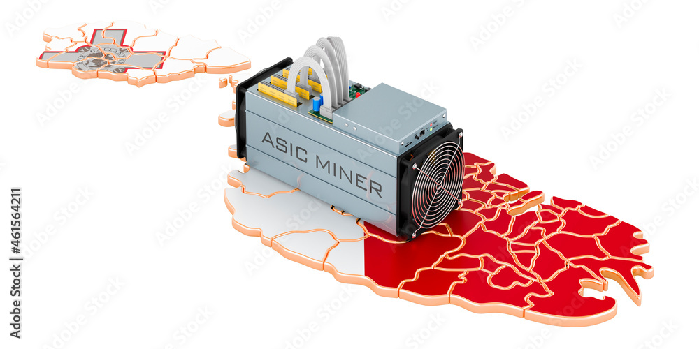 Poster mining in malta, concept. asic miner with maltese map. 3d rendering
