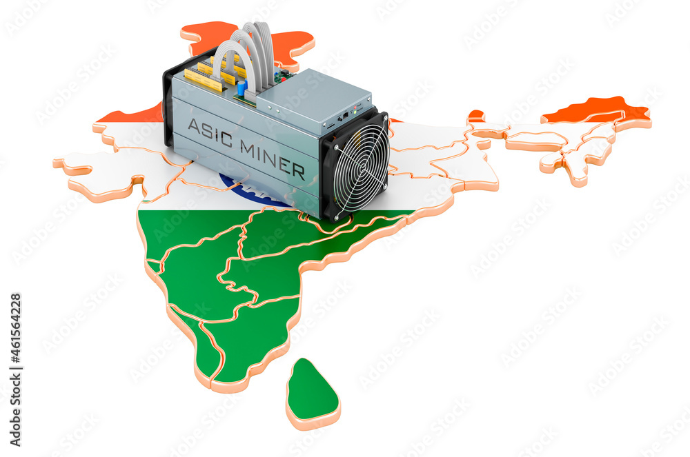 Poster mining in india, concept. asic miner with indian map. 3d rendering