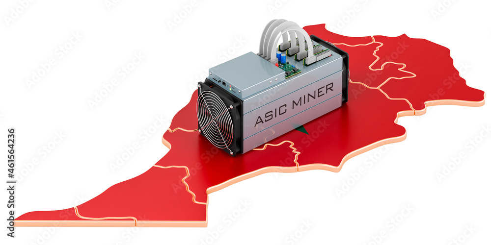 Aufkleber mining in morocco, concept. asic miner with moroccan map. 3d rendering