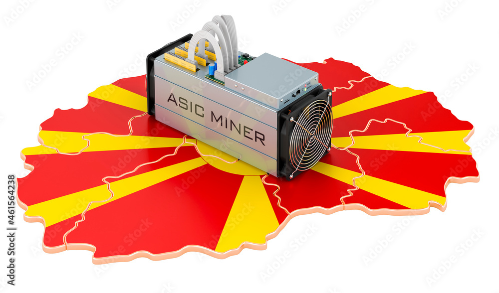 Poster mining in macedonia, concept. asic miner with macedonian map. 3d rendering