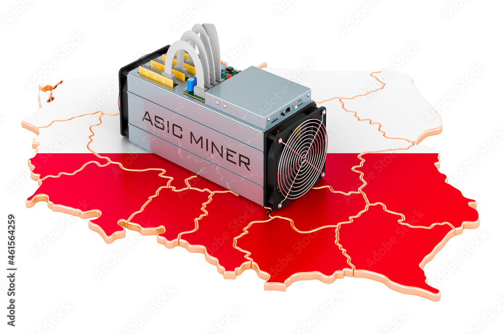 Poster mining in poland, concept. asic miner with polish map. 3d rendering