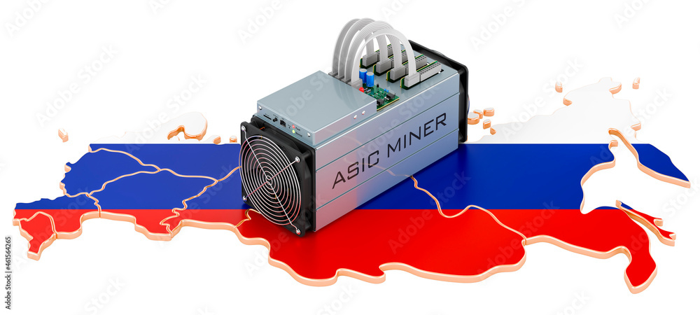 Poster mining in russia, concept. asic miner with russian map. 3d rendering