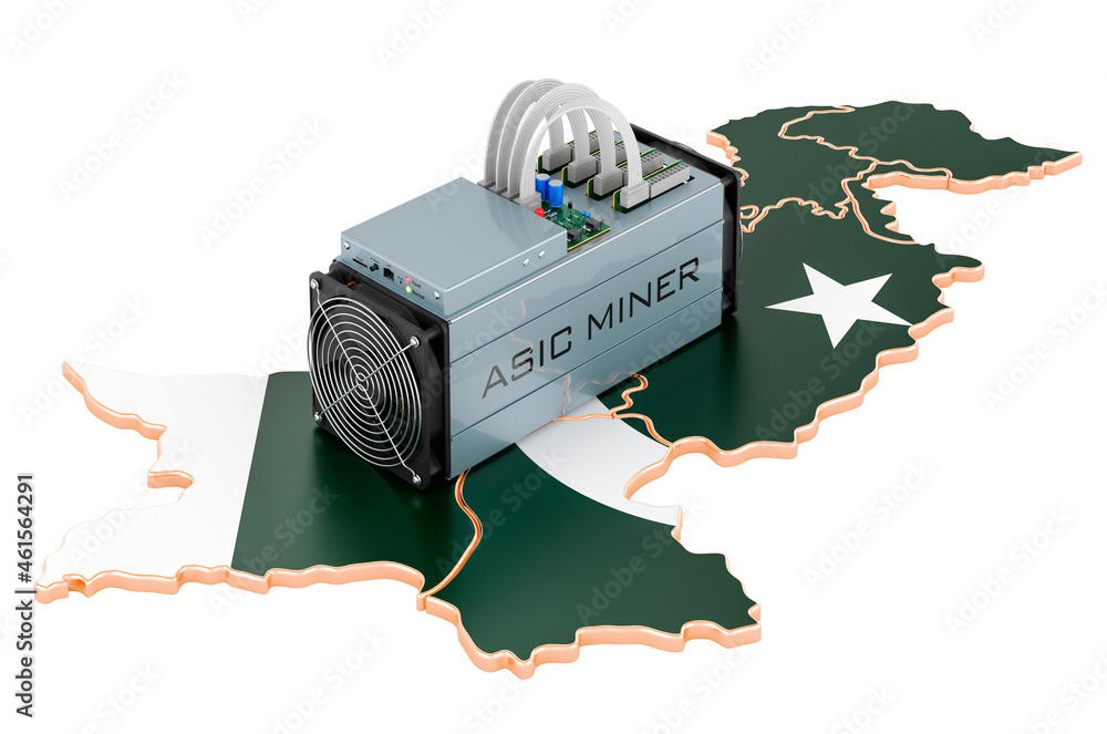 Poster mining in pakistan, concept. asic miner with pakistani map. 3d rendering