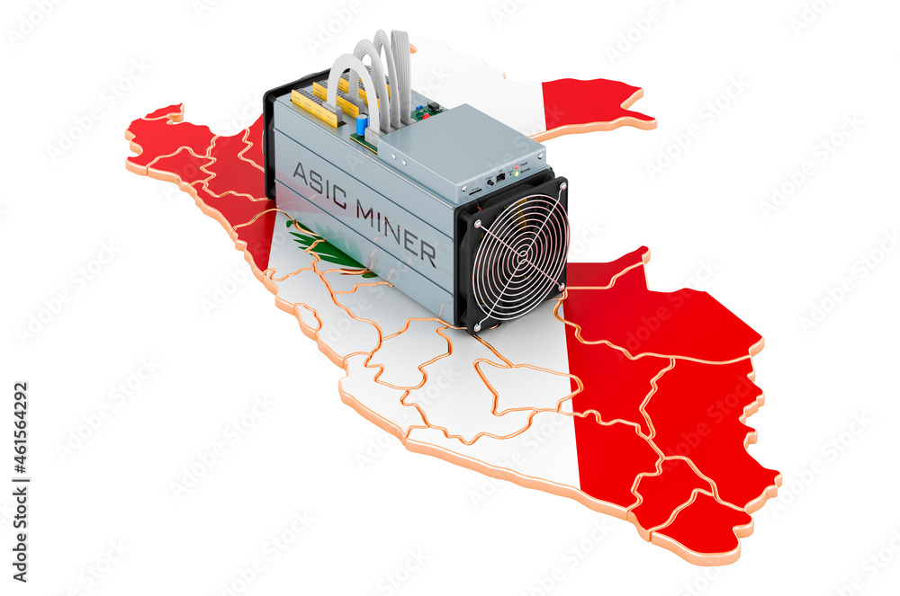 Poster mining in peru, concept. asic miner with peruvian map. 3d rendering