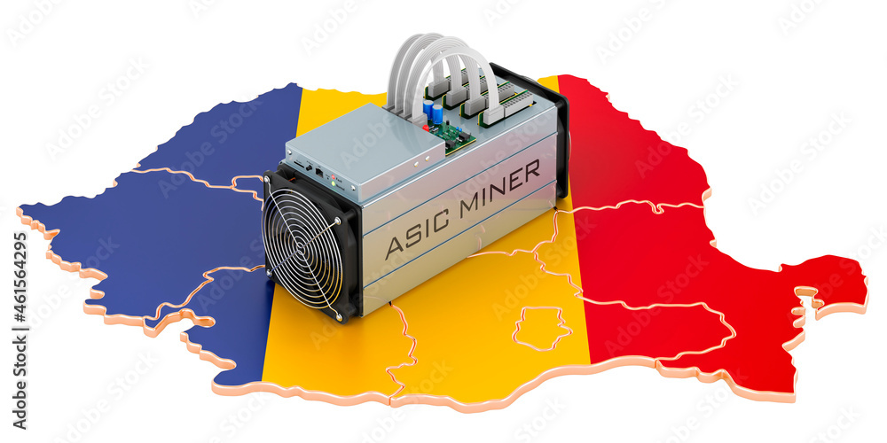 Poster mining in romania, concept. asic miner with romanian map. 3d rendering