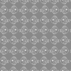 Cartoon fish pattern. Underwater ocean life, marine animal. Funny fish isolated on grey. Cute color fishes background. Kids animals texture. Marine animal print. Good for fabric, textile.Fish ornament