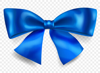 Beautiful big bow made of blue ribbon with shadow, isolated on transparent background. Transparency only in vector format