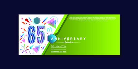 65th anniversary, anniversary celebration vector design on colorful geometric background and circle shape.