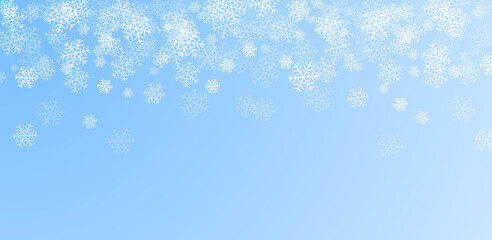 Snowflakes. Winter blue sky vector illustration. Holiday background with falling snow for Christmas and New Year banners