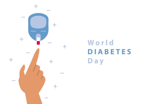 World Diabetes Day. Glucose meter and hand. Blood drop. Symbol of diabetic and fight against diabetes. Medical flat illustration. Health care. Control your blood sugar