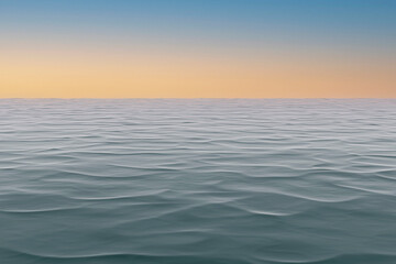 View of tranquil ocean waves in sunset or sunrise with setting or rising sun in the horizon. Image with copy space to use for background.