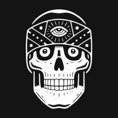 Funny engraved skull. Modern logo.