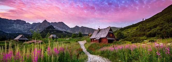 Papier Peint photo Rose clair Beau lever de soleil d& 39 été dans les montagnes - Hala Gasienicowa en Pologne - Tatras