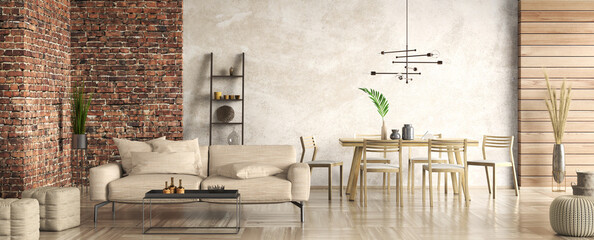 Interior design of modern apartment, living room with brick wall. Home design with beige sofa. Panorama 3d rendering