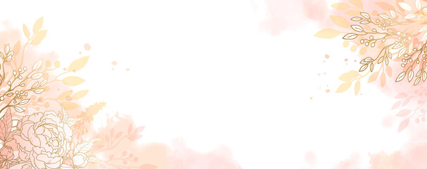 Luxurious golden wallpaper. Banner with flowers. Watercolor pink spots on a white background. Shiny flowers and twigs. Vector file.