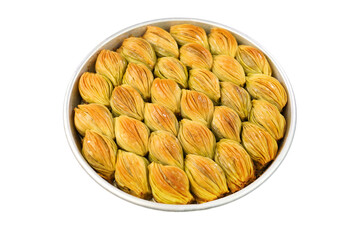 Turkish Midye Baklava  ( Mussel Shape Baklava ) with green pistachio nuts.  