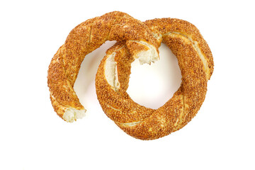 Turkish traditional sesame bagels. - Simit .     Isolated on white background.