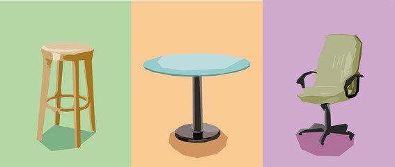 table and chairs, set.  Flat design vector illustration concepts.
