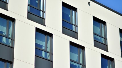  Corporate architecture building. New white modern office building. Sunlight.