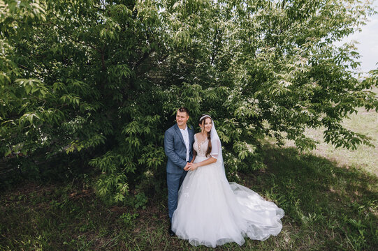 A cute, beautiful bride in a white dress and a long veil and a stylish groom in a blue suit stand in nature, in a park with green leaves on a tree, holding hands. Close-up wedding photography.