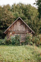 Obraz premium Antique gardening tools on the wooden wall of the old shed