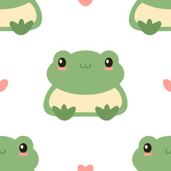 Green cute frog hand draw seamless pattern vector illustration. Smiling siting childish toad ornament. Cartoon flat style wallpaper for kids, baby nursery print.