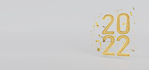 Happy New Year 2022. Celebrate party 2022, Golden Number, Web Poster, banner, cover card, layout design. 3D Rendering.