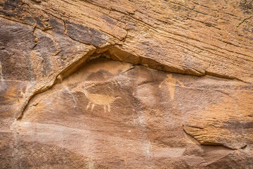 Closeup of the petroglyphs on a canyon wall in Capitol Reef National Park in Utah