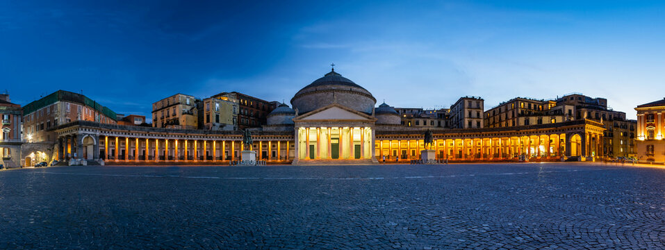 Nigh time panorama of the Basilica Reale Pontificia San Francesco da Paola in Naples Italy.  The church is in the Piazza del Plebiscito.